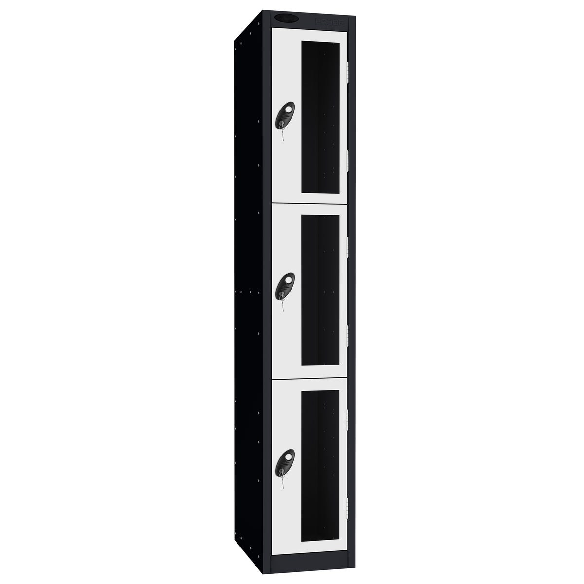 Probe Vision Panel Metric Locker — 3 Door, Flat Top, 300mm — Black Carcass / White Doors