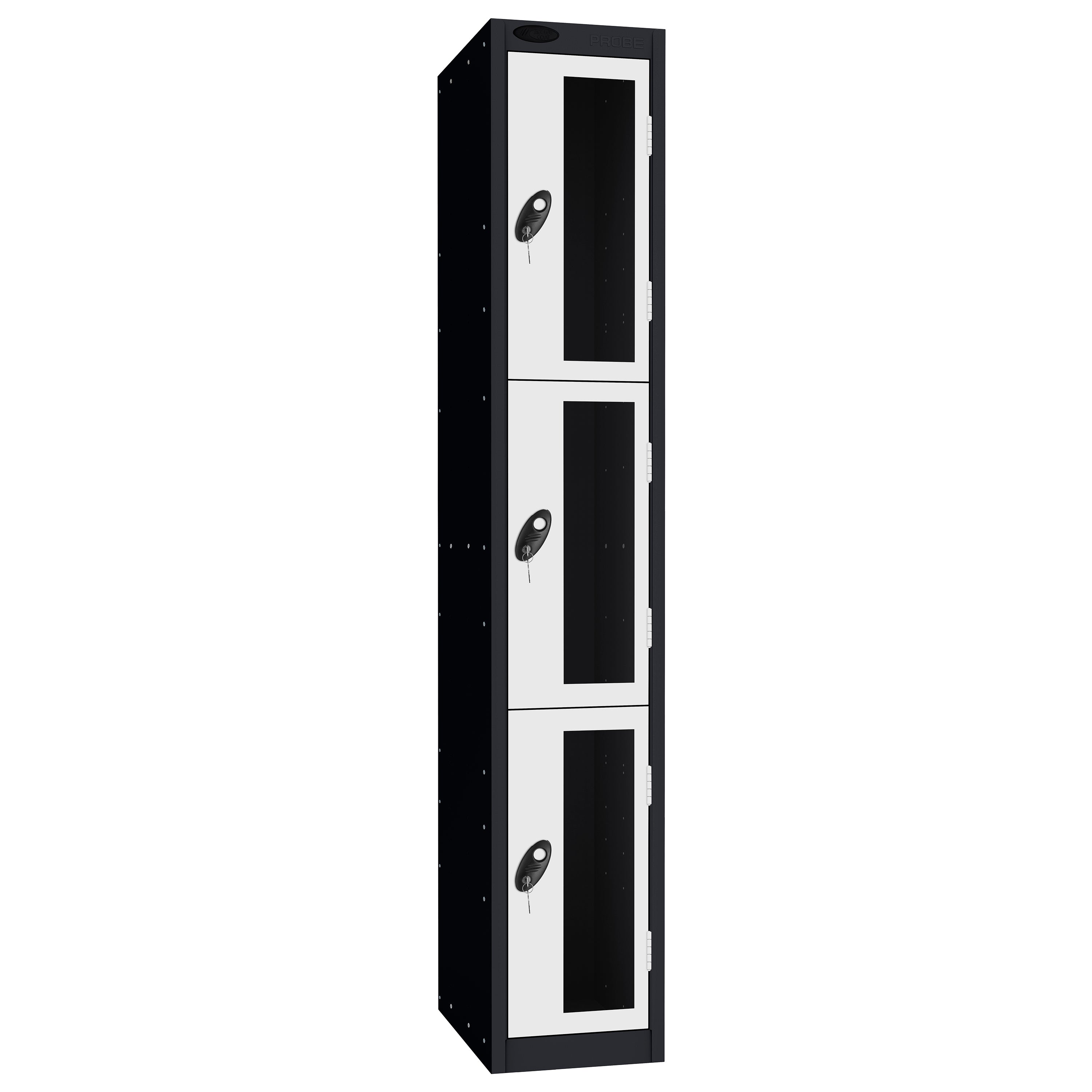 Probe Vision Panel Metric Locker — 3 Door, Flat Top, 300mm — Black Carcass / White Doors