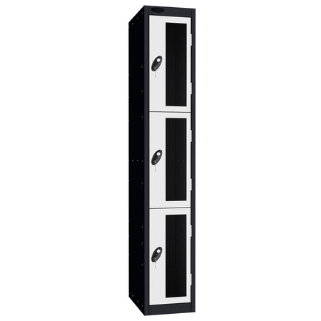 Probe Vision Panel Metric Locker — 3 Door, Flat Top, 300mm — Black Carcass / White Doors