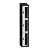 Probe Vision Panel Metric Locker — 3 Door, Sloping Top, 300mm — Black Carcass / White Doors