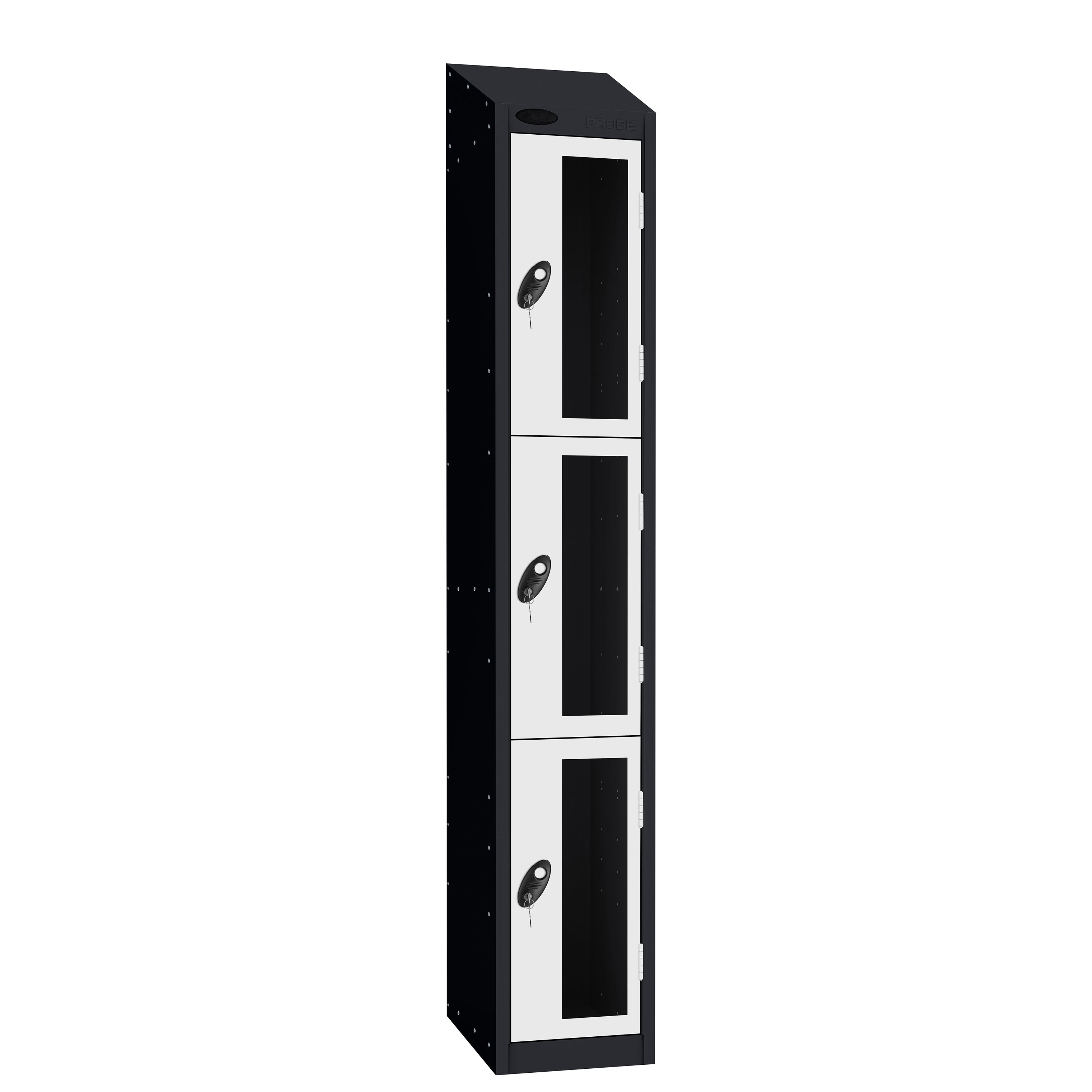 Probe Vision Panel Metric Locker — 3 Door, Sloping Top, 300mm — Black Carcass / White Doors