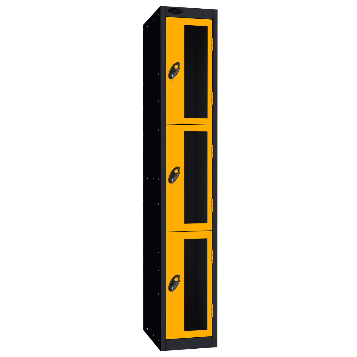 Probe Vision Panel Metric Locker — 3 Door, Flat Top, 300mm — Black Carcass / Yellow Doors