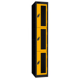 Probe Vision Panel Metric Locker — 3 Door, Flat Top, 300mm — Black Carcass / Yellow Doors