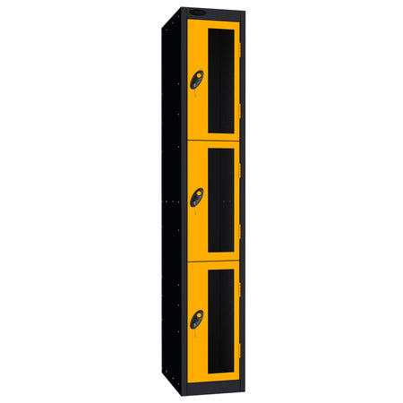 Probe Vision Panel Metric Locker — 3 Door, Flat Top, 300mm — Black Carcass / Yellow Doors