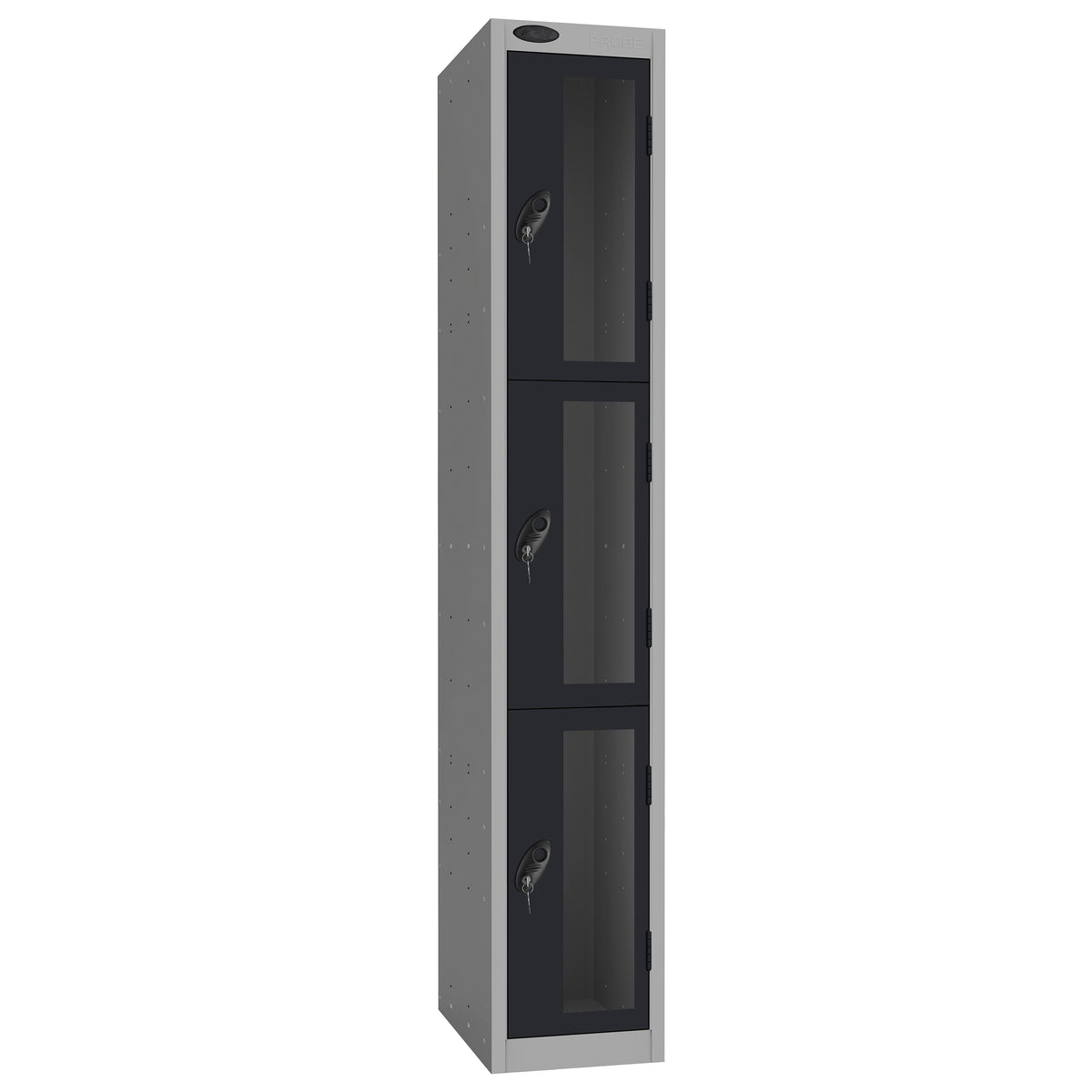Probe Vision Panel Metric Locker — 3 Door, Flat Top, 300mm — Silver Carcass / Black Doors