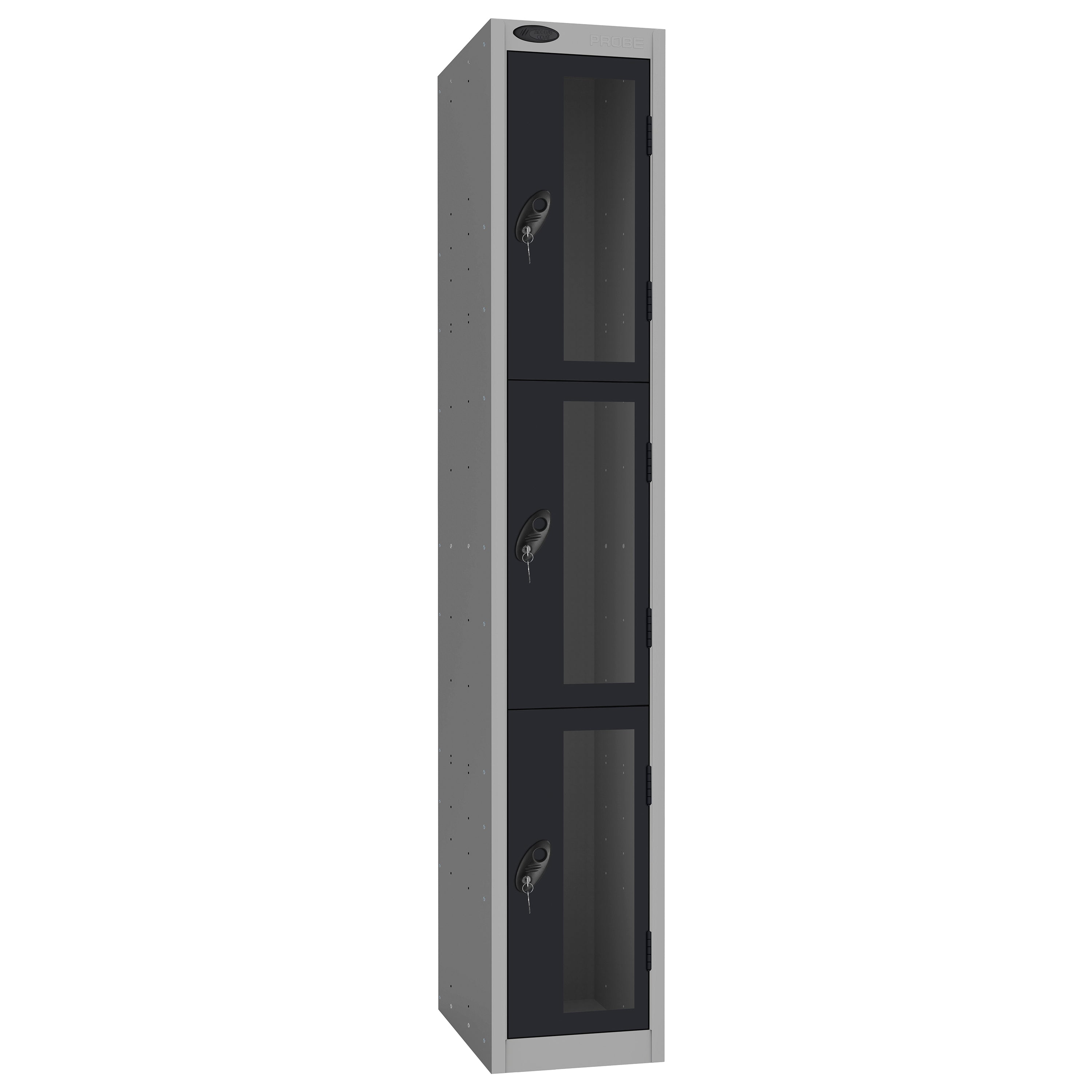 Probe Vision Panel Metric Locker — 3 Door, Flat Top, 300mm — Silver Carcass / Black Doors