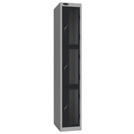 Probe Vision Panel Metric Locker — 3 Door, Flat Top, 300mm — Silver Carcass / Black Doors