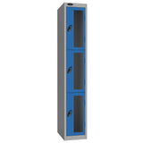 Probe Vision Panel Metric Locker — 3 Door, Flat Top, 300mm — Silver Carcass / Blue Doors