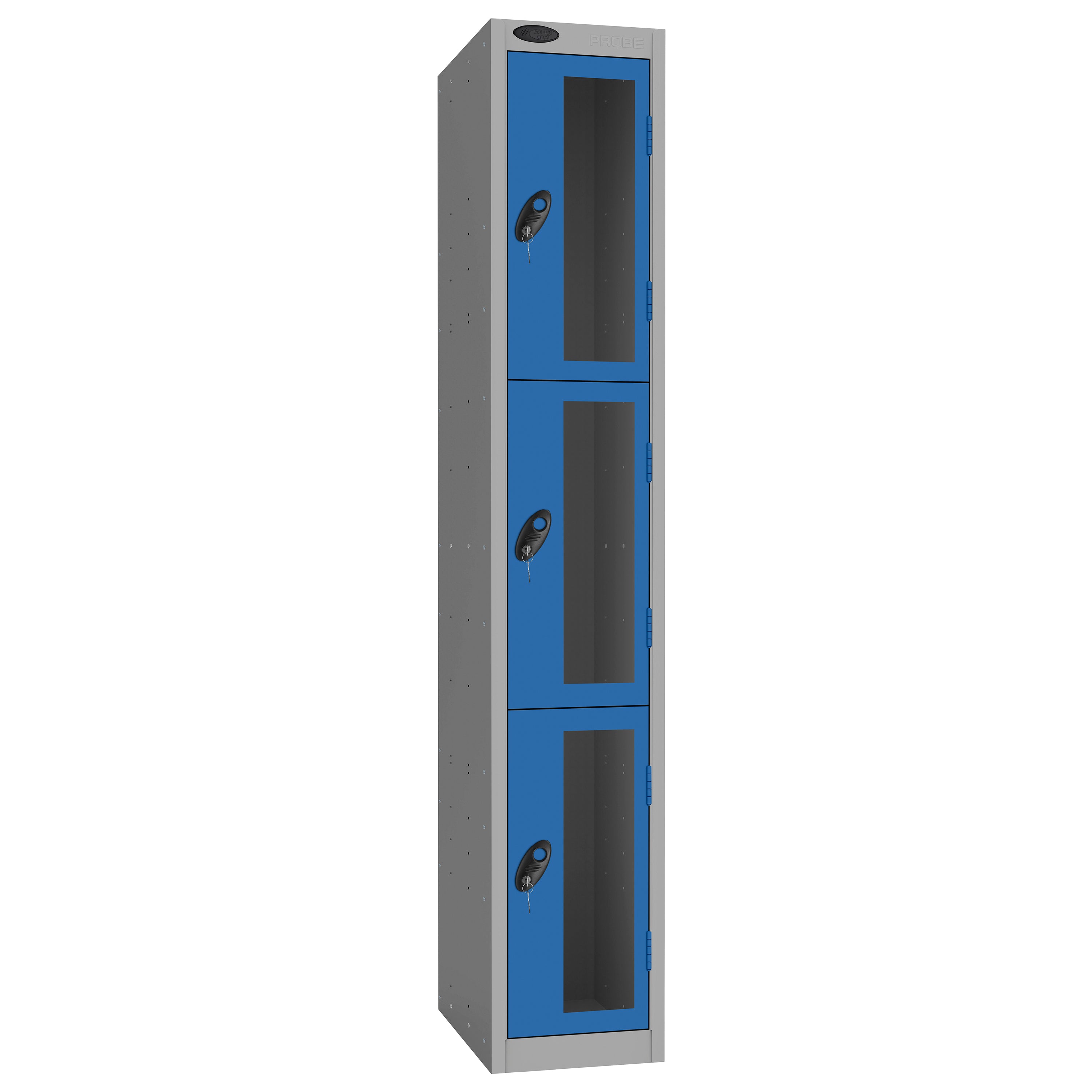 Probe Vision Panel Metric Locker — 3 Door, Flat Top, 300mm — Silver Carcass / Blue Doors