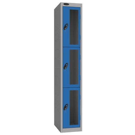 Probe Vision Panel Metric Locker — 3 Door, Flat Top, 300mm — Silver Carcass / Blue Doors