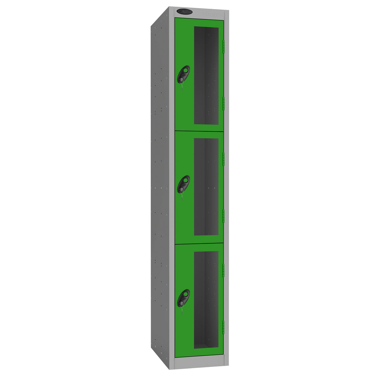 Probe Vision Panel Metric Locker — 3 Door, Flat Top, 300mm — Silver Carcass / Green Doors