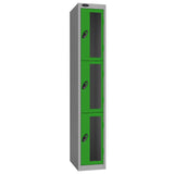 Probe Vision Panel Metric Locker — 3 Door, Flat Top, 300mm — Silver Carcass / Green Doors