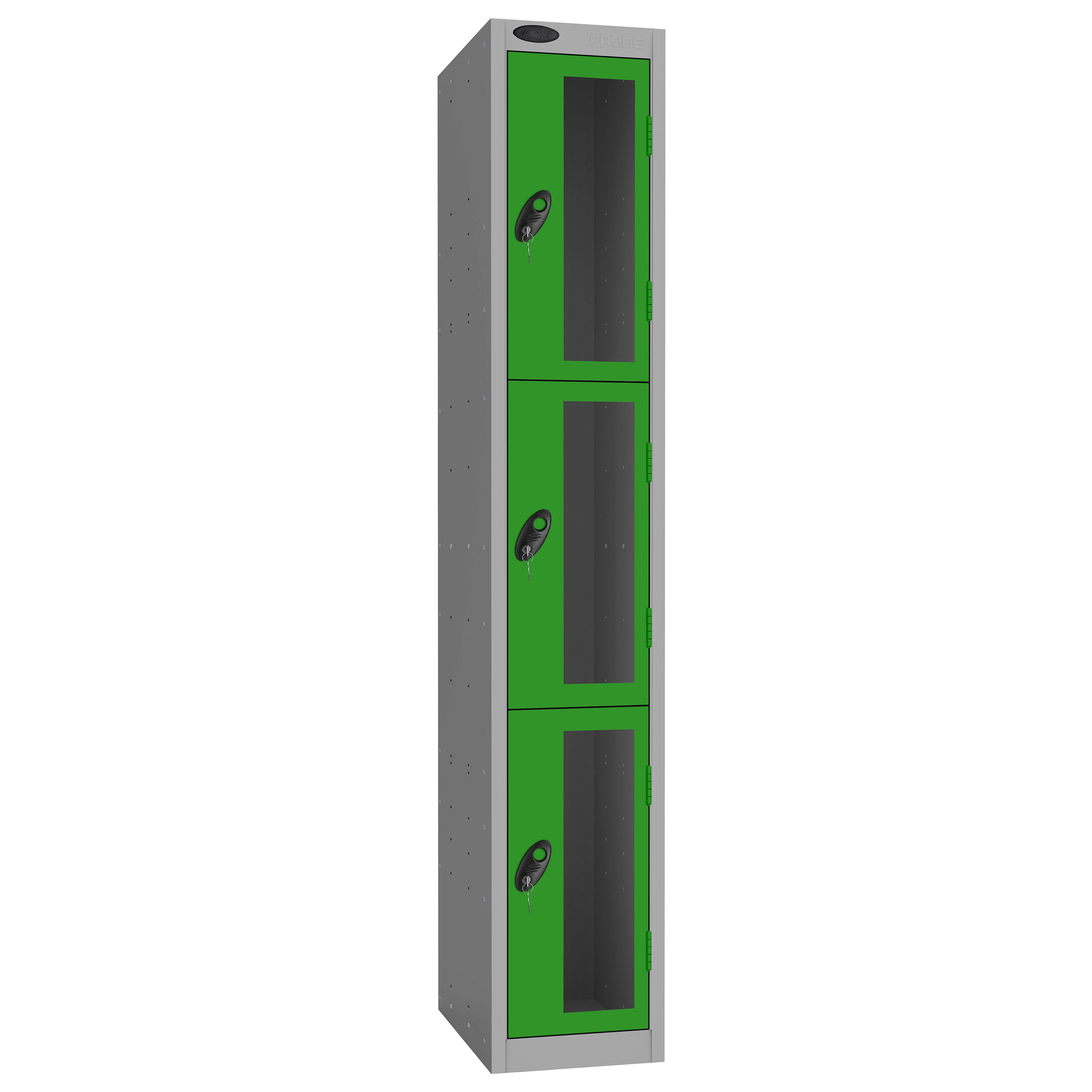 Probe Vision Panel Metric Locker — 3 Door, Flat Top, 300mm — Silver Carcass / Green Doors