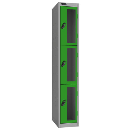 Probe Vision Panel Metric Locker — 3 Door, Flat Top, 300mm — Silver Carcass / Green Doors