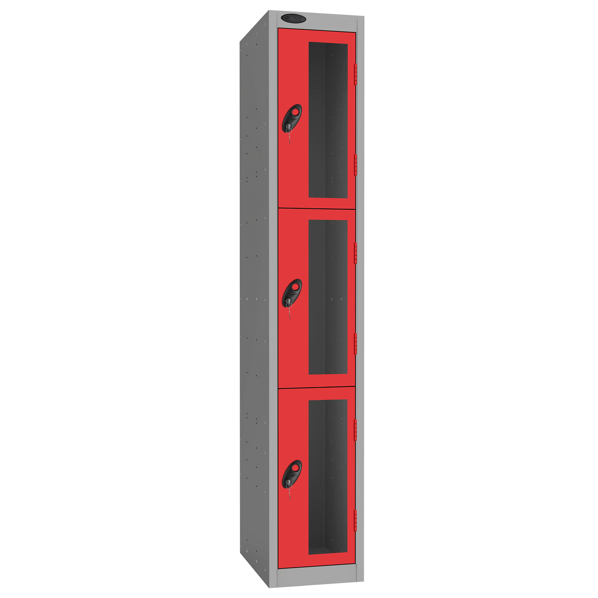 Probe Vision Panel Metric Locker — 3 Door, Flat Top, 300mm — Silver Carcass / Red Doors