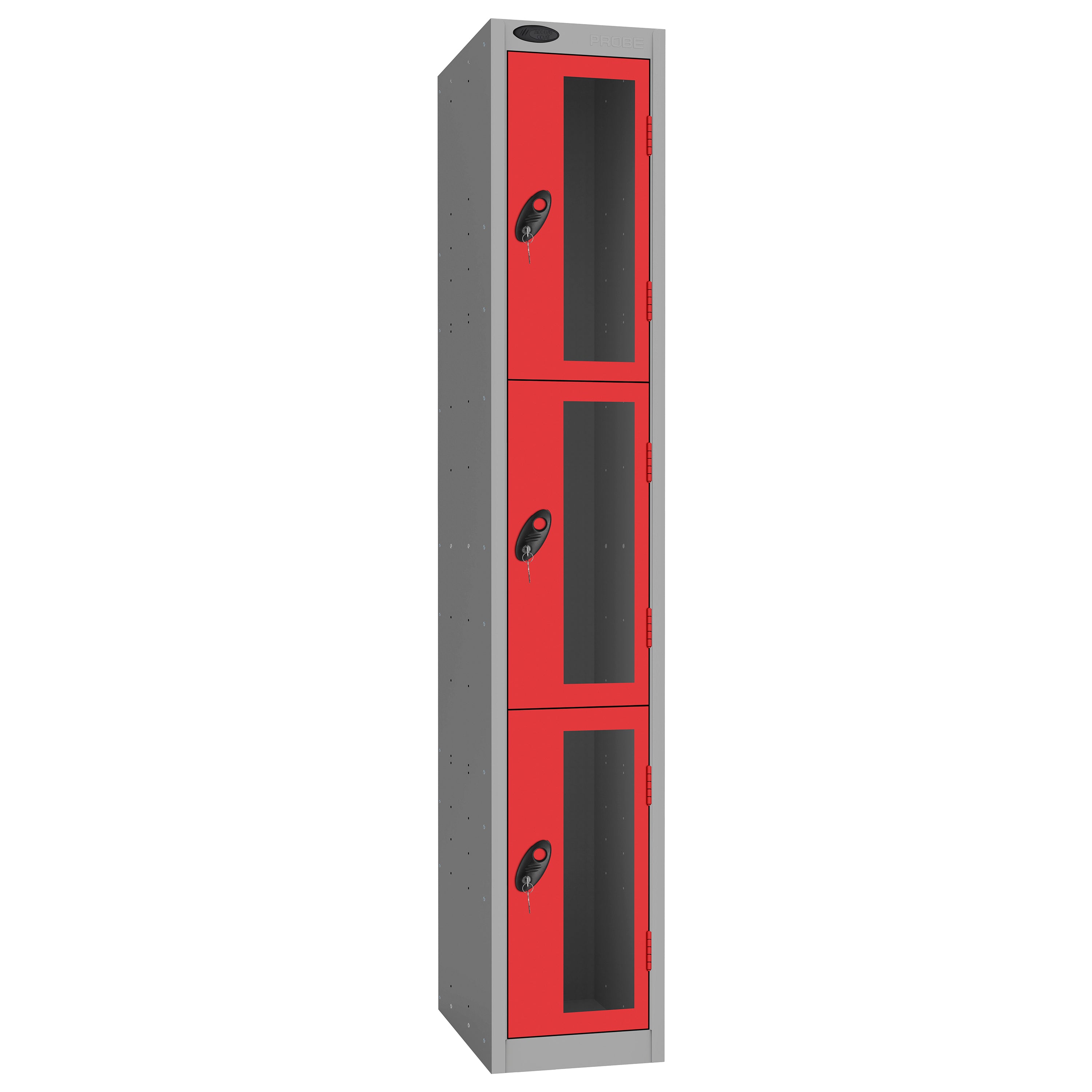 Probe Vision Panel Metric Locker — 3 Door, Flat Top, 300mm — Silver Carcass / Red Doors