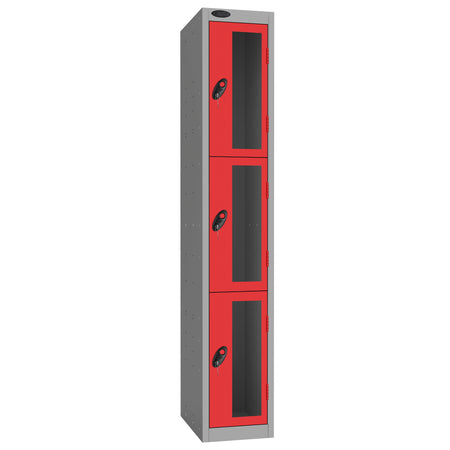 Probe Vision Panel Metric Locker — 3 Door, Flat Top, 300mm — Silver Carcass / Red Doors