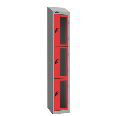 Probe Vision Panel Metric Locker — 3 Door, Wide Format (380-450mm) — Silver Carcass / Red Doors