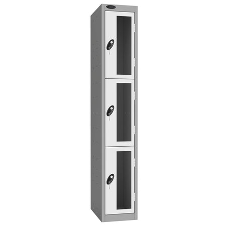 Probe Vision Panel Metric Locker — 3 Door, Flat Top, 300mm — Silver Carcass / White Doors