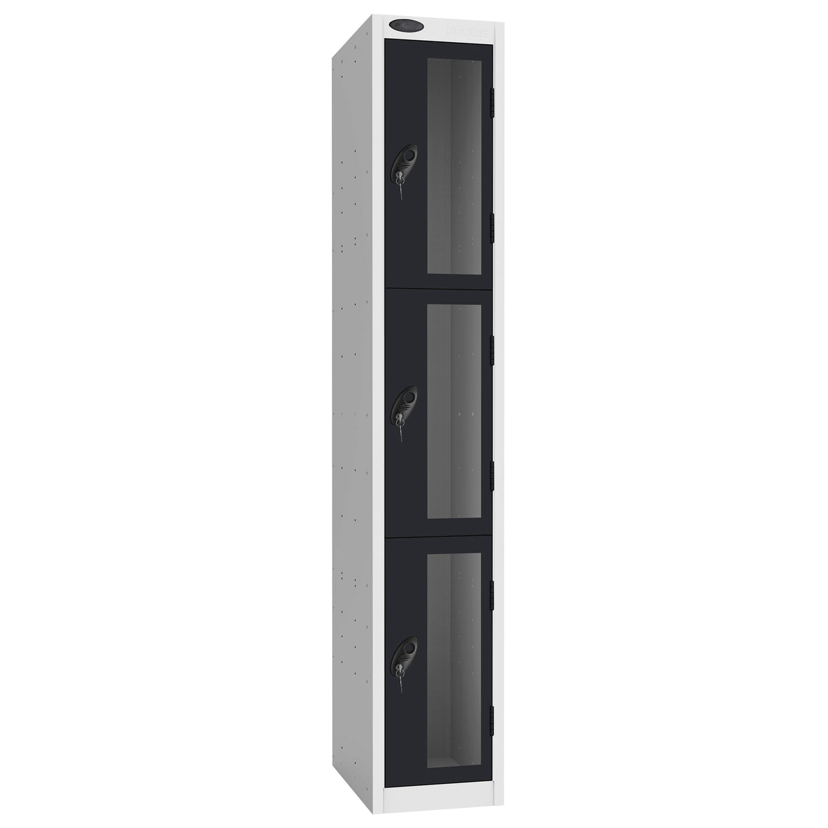 Probe Vision Panel Metric Locker — 3 Door, Flat Top, 300mm — White Carcass / Black Doors