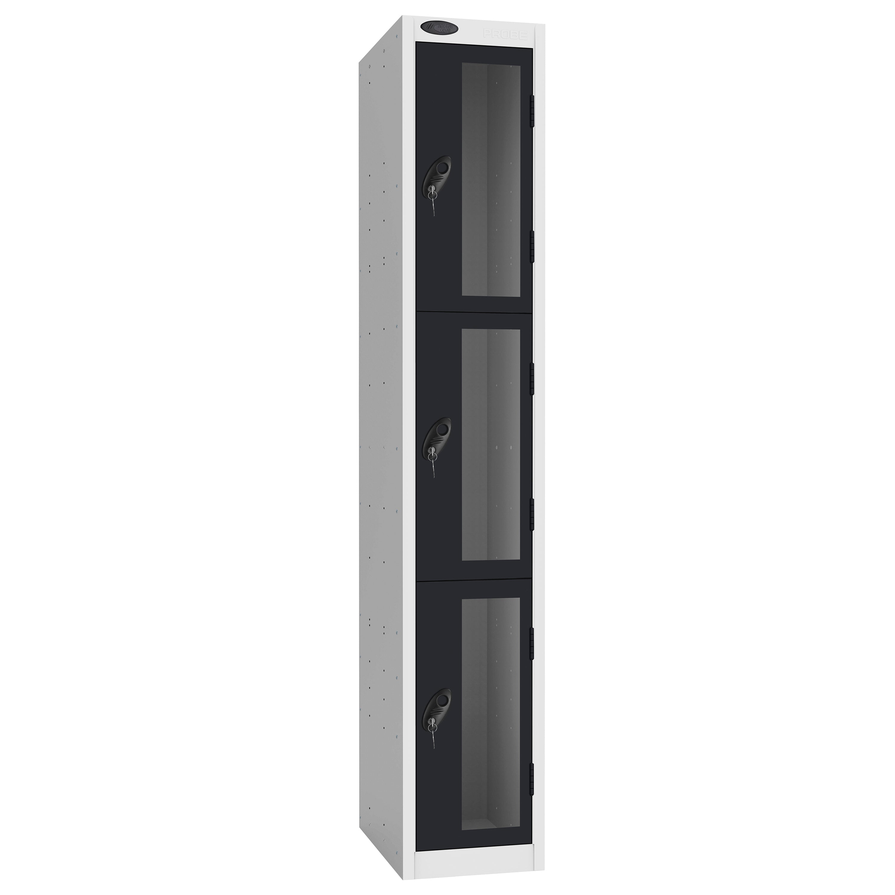 Probe Vision Panel Metric Locker — 3 Door, Flat Top, 300mm — White Carcass / Black Doors