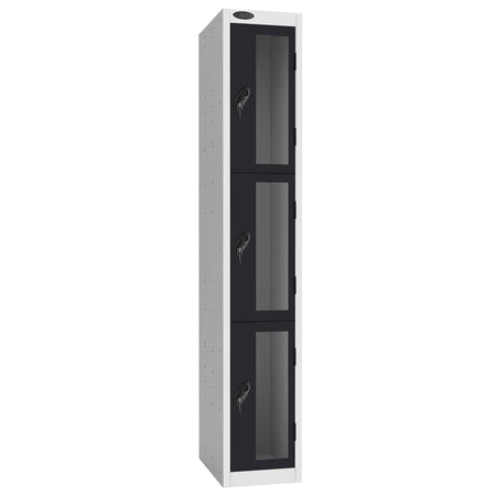 Probe Vision Panel Metric Locker — 3 Door, Flat Top, 300mm — White Carcass / Black Doors