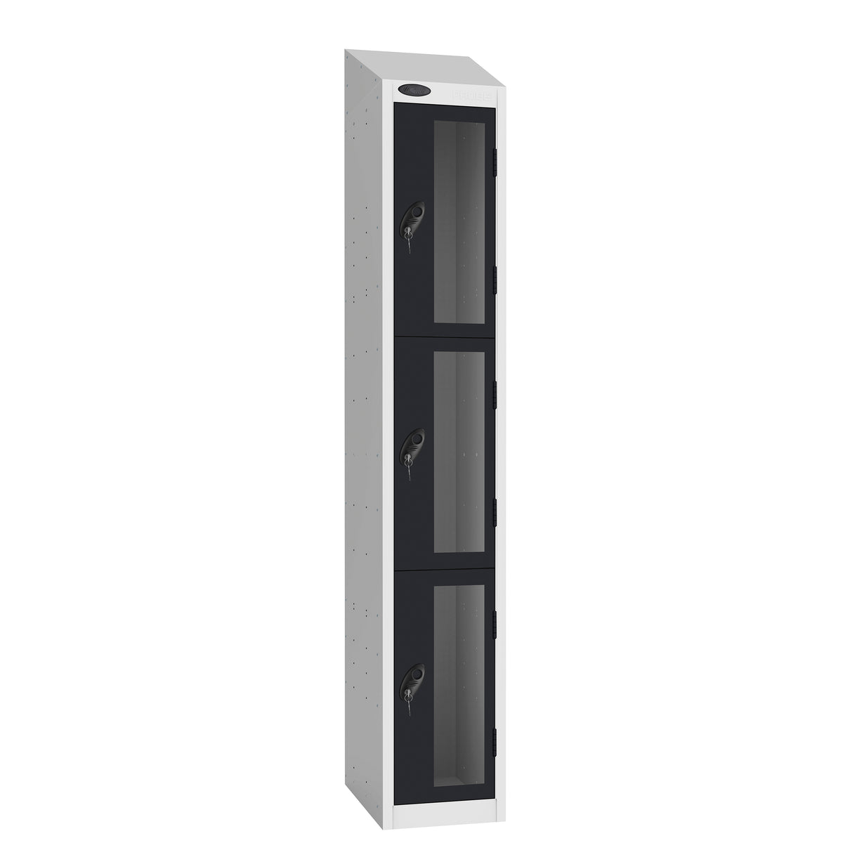 Probe Vision Panel Metric Locker — 3 Door, Sloping Top, 300mm — White Carcass / Black Doors