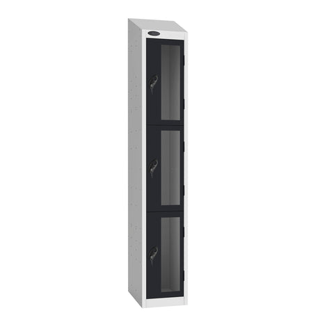 Probe Vision Panel Metric Locker — 3 Door, Sloping Top, 300mm — White Carcass / Black Doors