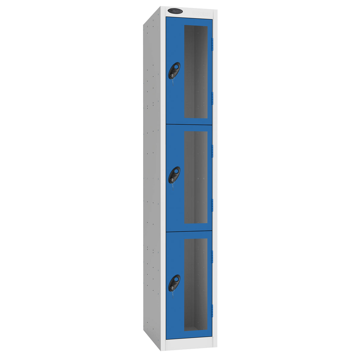 Probe Vision Panel Metric Locker — 3 Door, Flat Top, 300mm — White Carcass / Blue Doors