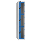 Probe Vision Panel Metric Locker — 3 Door, Flat Top, 300mm — White Carcass / Blue Doors
