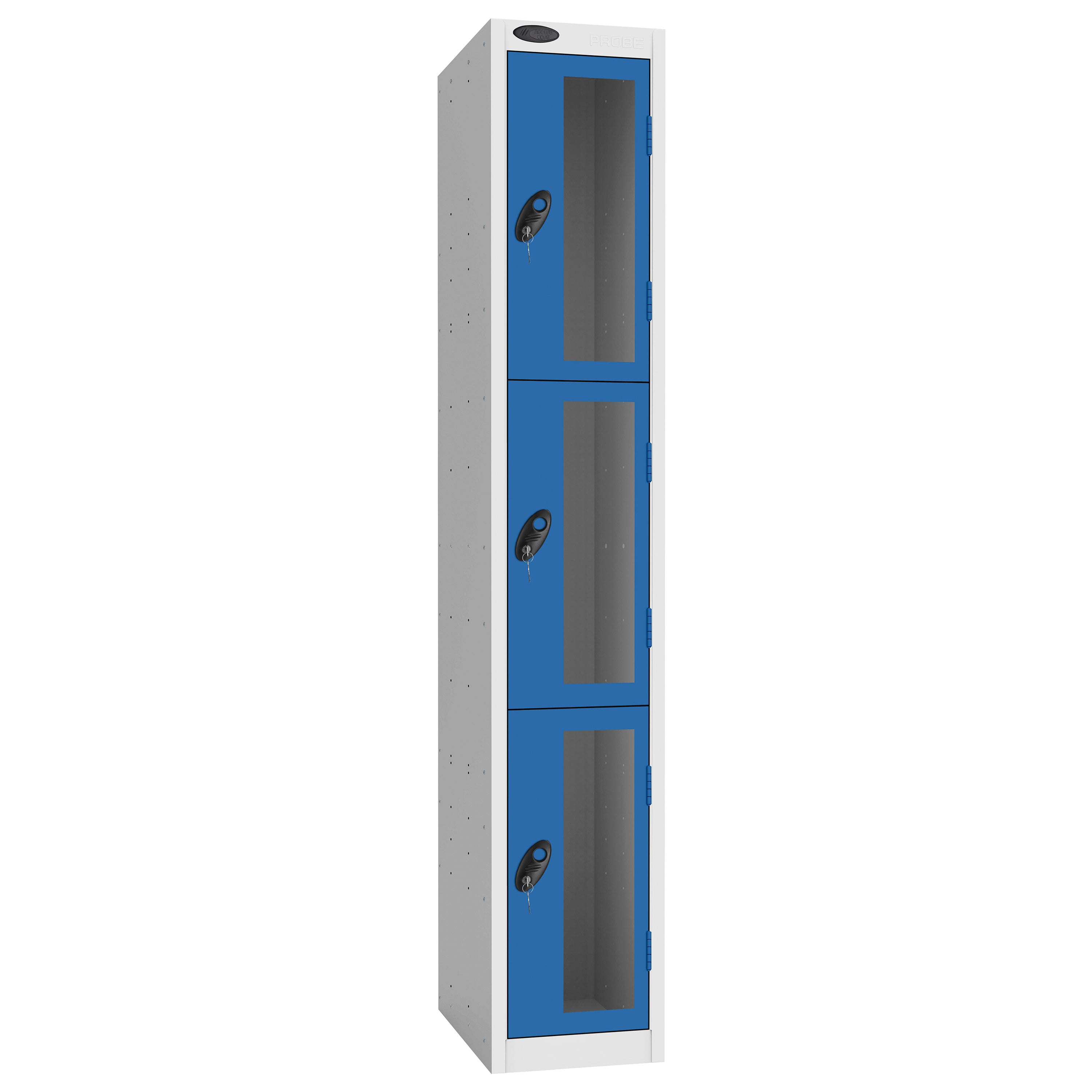 Probe Vision Panel Metric Locker — 3 Door, Flat Top, 300mm — White Carcass / Blue Doors