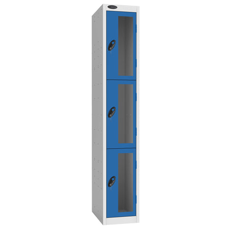 Probe Vision Panel Metric Locker — 3 Door, Flat Top, 300mm — White Carcass / Blue Doors