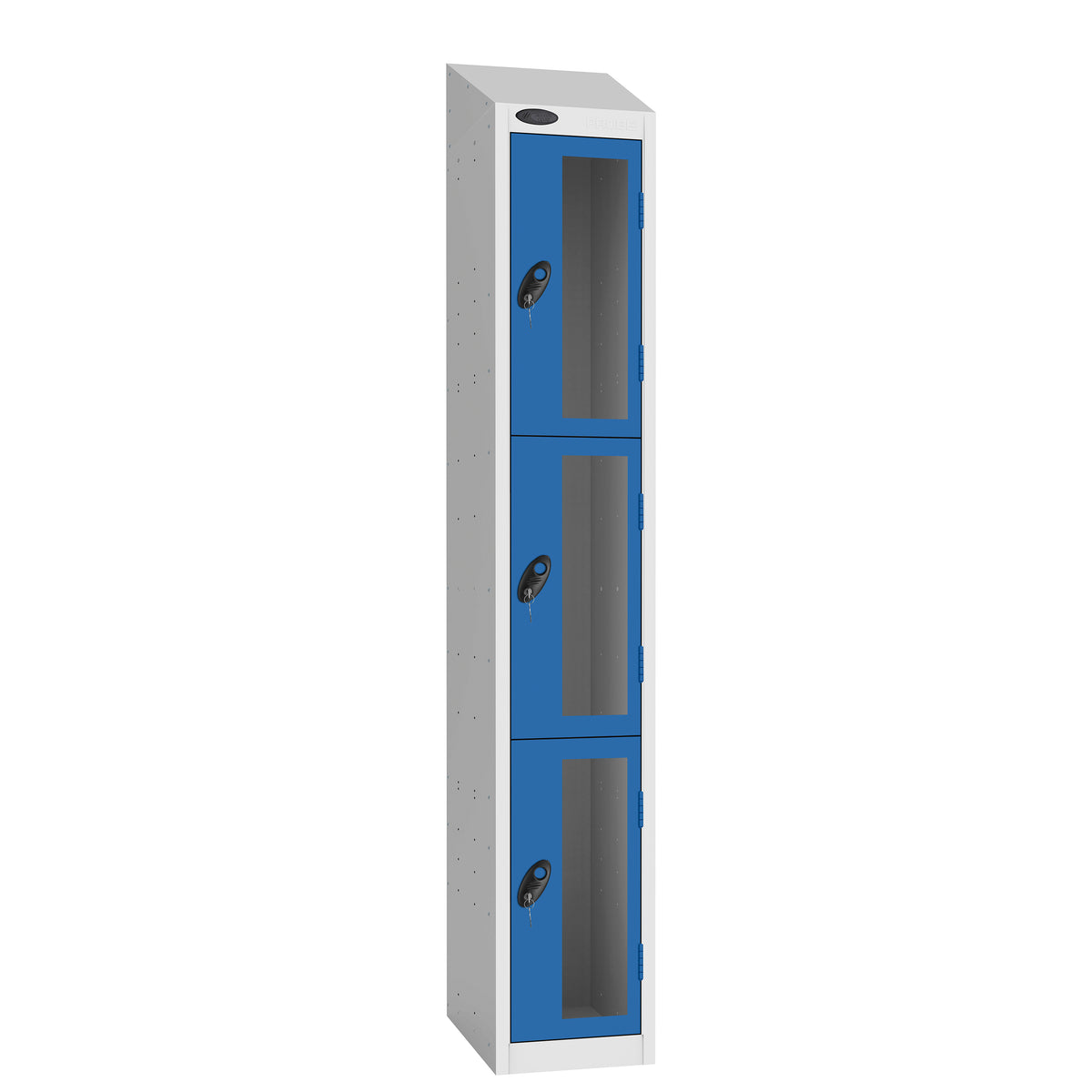 Probe Vision Panel Metric Locker — 3 Door, Wide Format (380-450mm) — White Carcass / Blue Doors