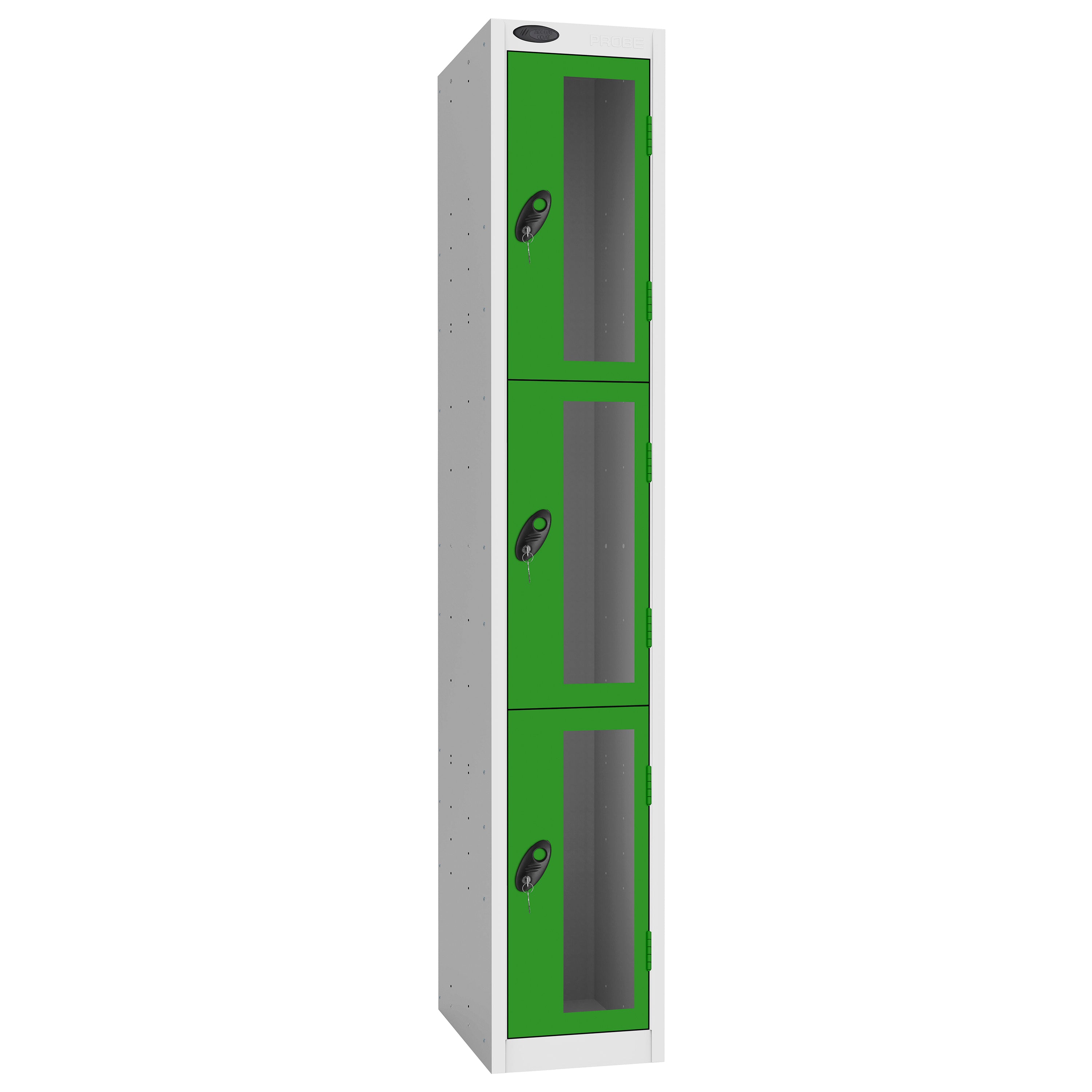 Probe Vision Panel Metric Locker — 3 Door, Flat Top, 300mm — White Carcass / Green Doors