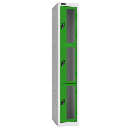 Probe Vision Panel Metric Locker — 3 Door, Flat Top, 300mm — White Carcass / Green Doors
