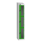 Probe Vision Panel Metric Locker — 3 Door, Sloping Top, 300mm — White Carcass / Green Doors