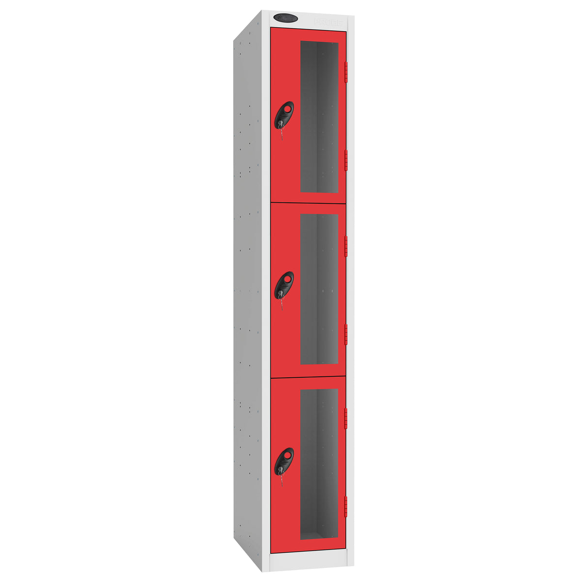 Probe Vision Panel Metric Locker — 3 Door, Flat Top, 300mm — White Carcass / Red Doors