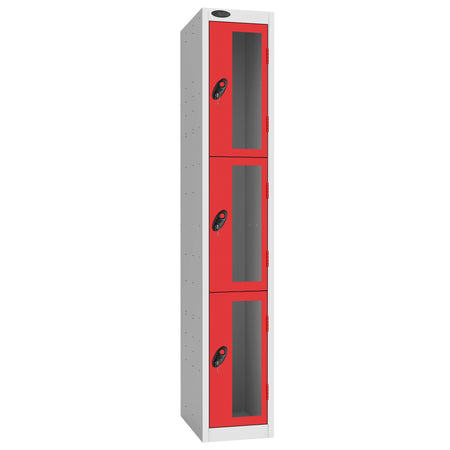 Probe Vision Panel Metric Locker — 3 Door, Flat Top, 300mm — White Carcass / Red Doors