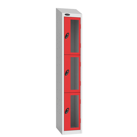 Probe Vision Panel Metric Locker — 3 Door, Sloping Top, 300mm — White Carcass / Red Doors