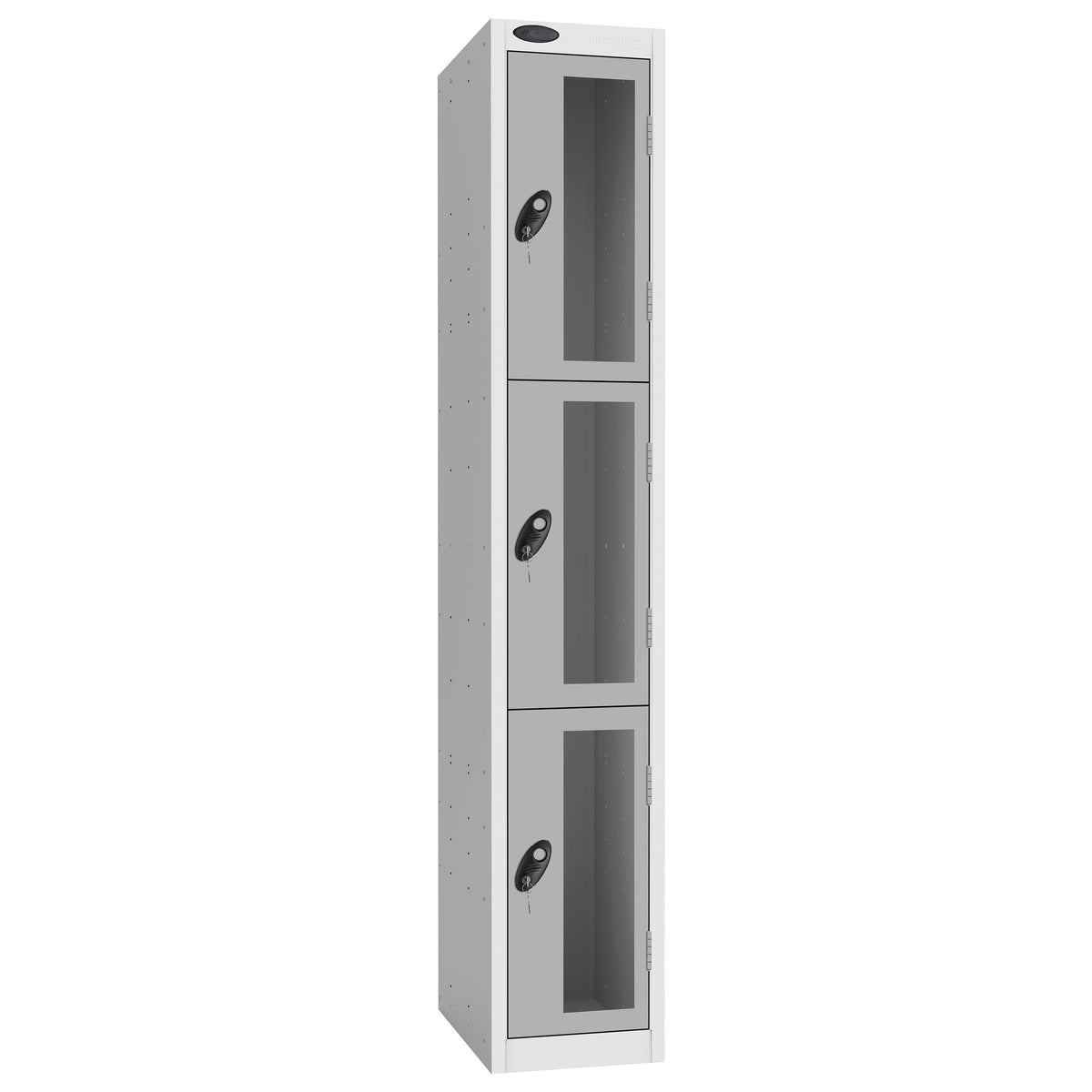 Probe Vision Panel Metric Locker — 3 Door, Flat Top, 300mm — White Carcass / Silver Doors