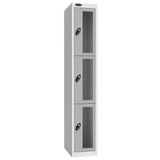 Probe Vision Panel Metric Locker — 3 Door, Flat Top, 300mm — White Carcass / Silver Doors