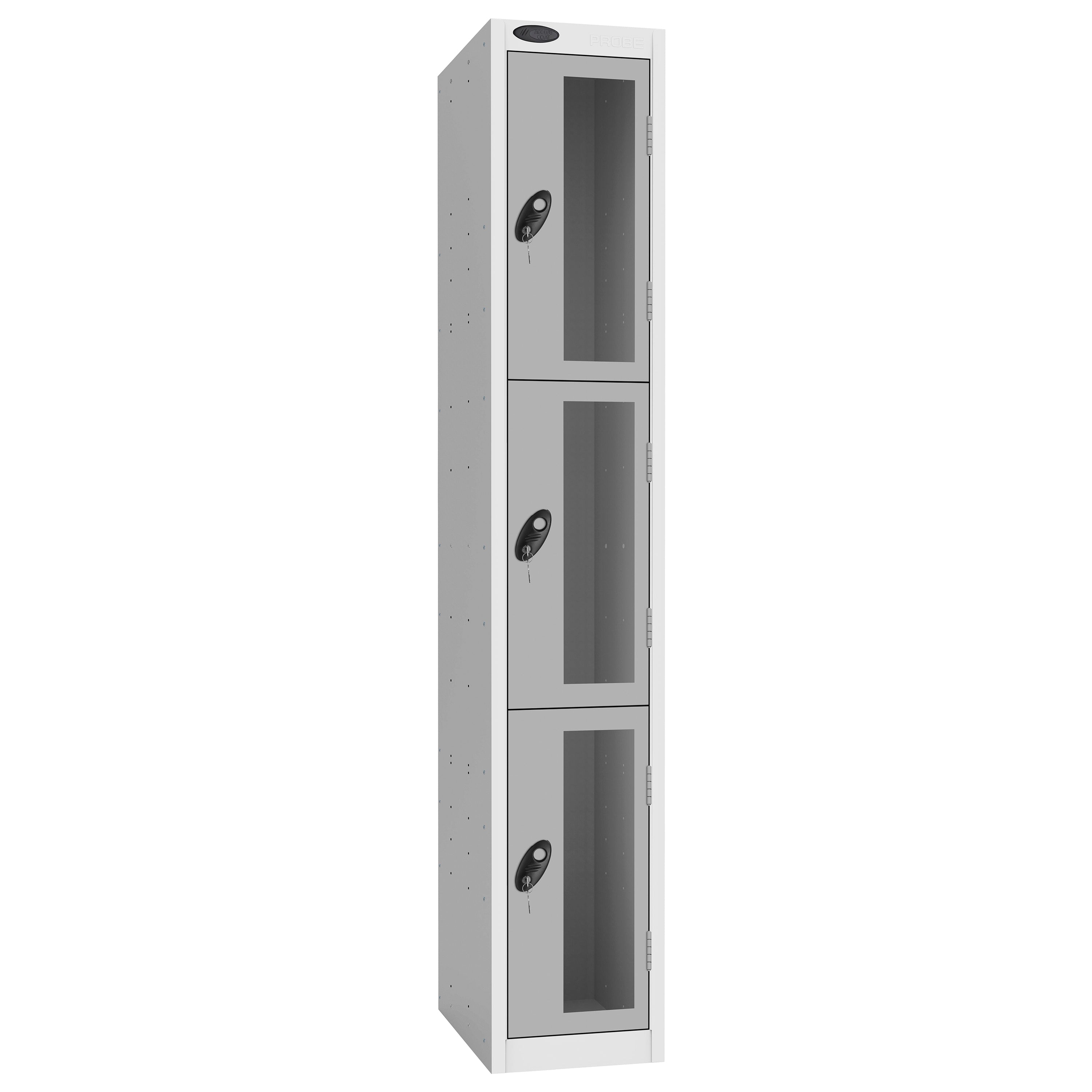 Probe Vision Panel Metric Locker — 3 Door, Flat Top, 300mm — White Carcass / Silver Doors