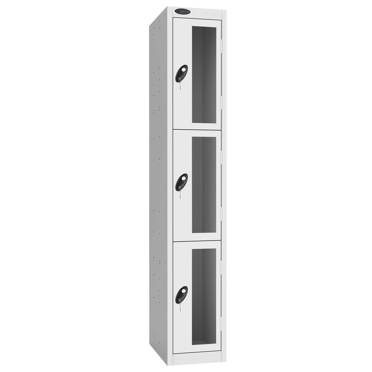 Probe Vision Panel Metric Locker — 3 Door, Flat Top, 300mm — White Carcass / White Doors