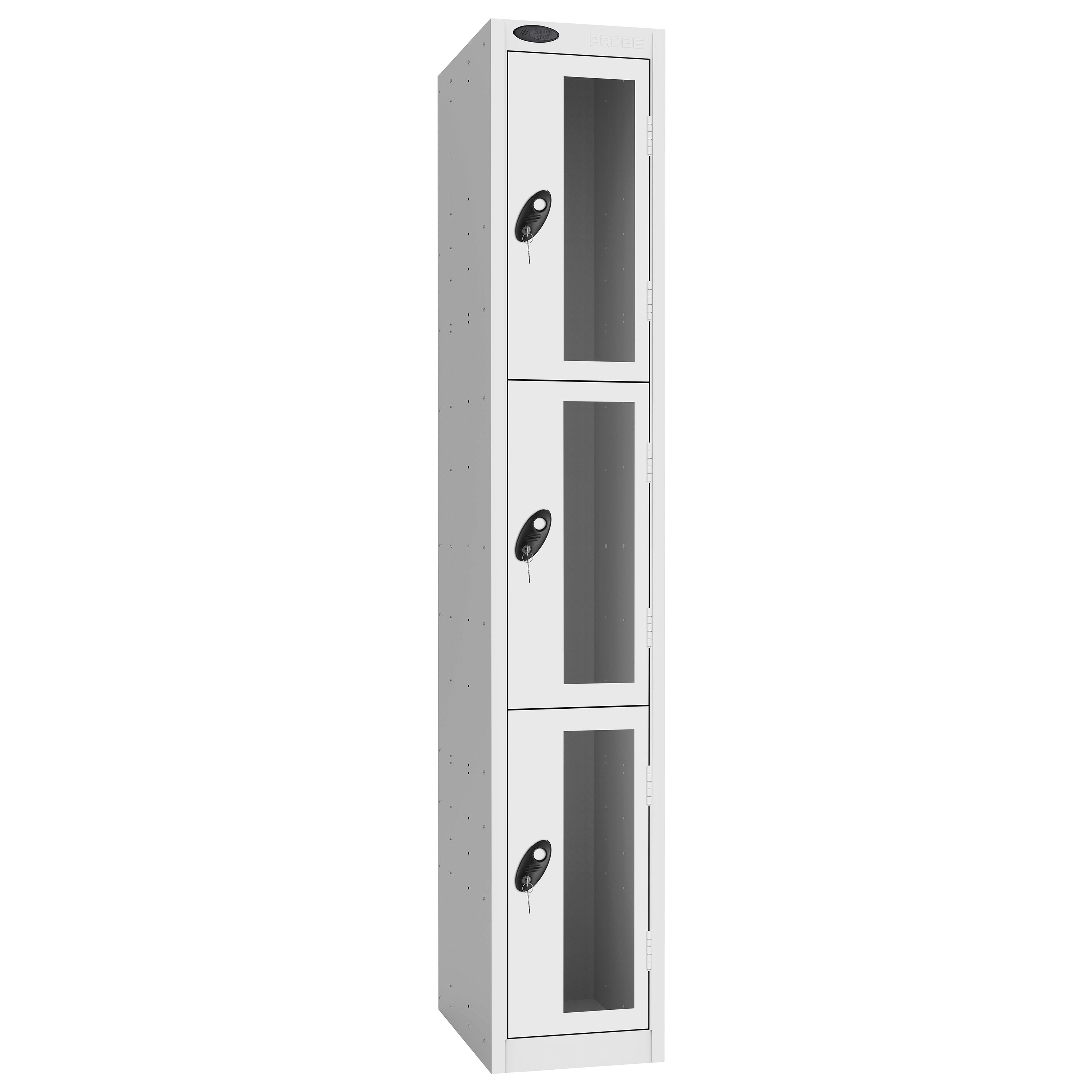 Probe Vision Panel Metric Locker — 3 Door, Flat Top, 300mm — White Carcass / White Doors