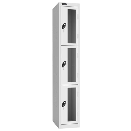 Probe Vision Panel Metric Locker — 3 Door, Flat Top, 300mm — White Carcass / White Doors