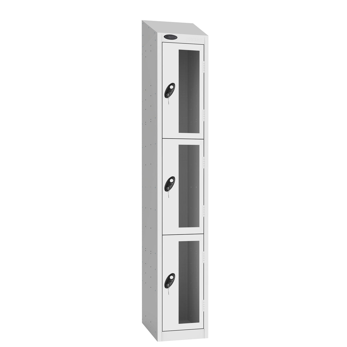 Probe Vision Panel Metric Locker — 3 Door, Sloping Top, 300mm — White Carcass / White Doors