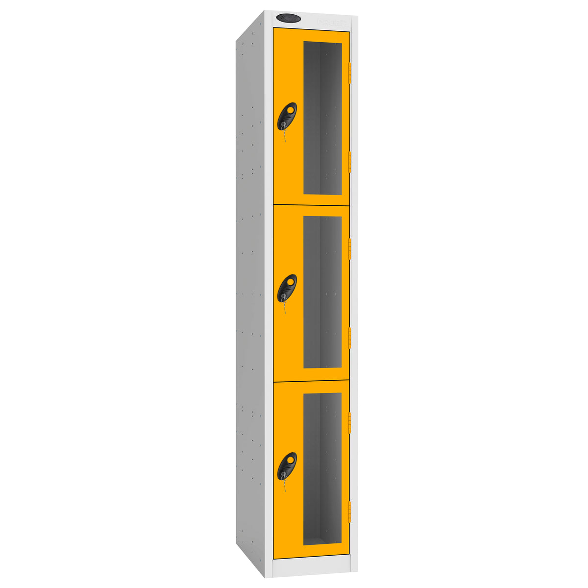 Probe Vision Panel Metric Locker — 3 Door, Flat Top, 300mm — White Carcass / Yellow Doors