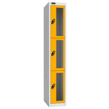 Probe Vision Panel Metric Locker — 3 Door, Flat Top, 300mm — White Carcass / Yellow Doors