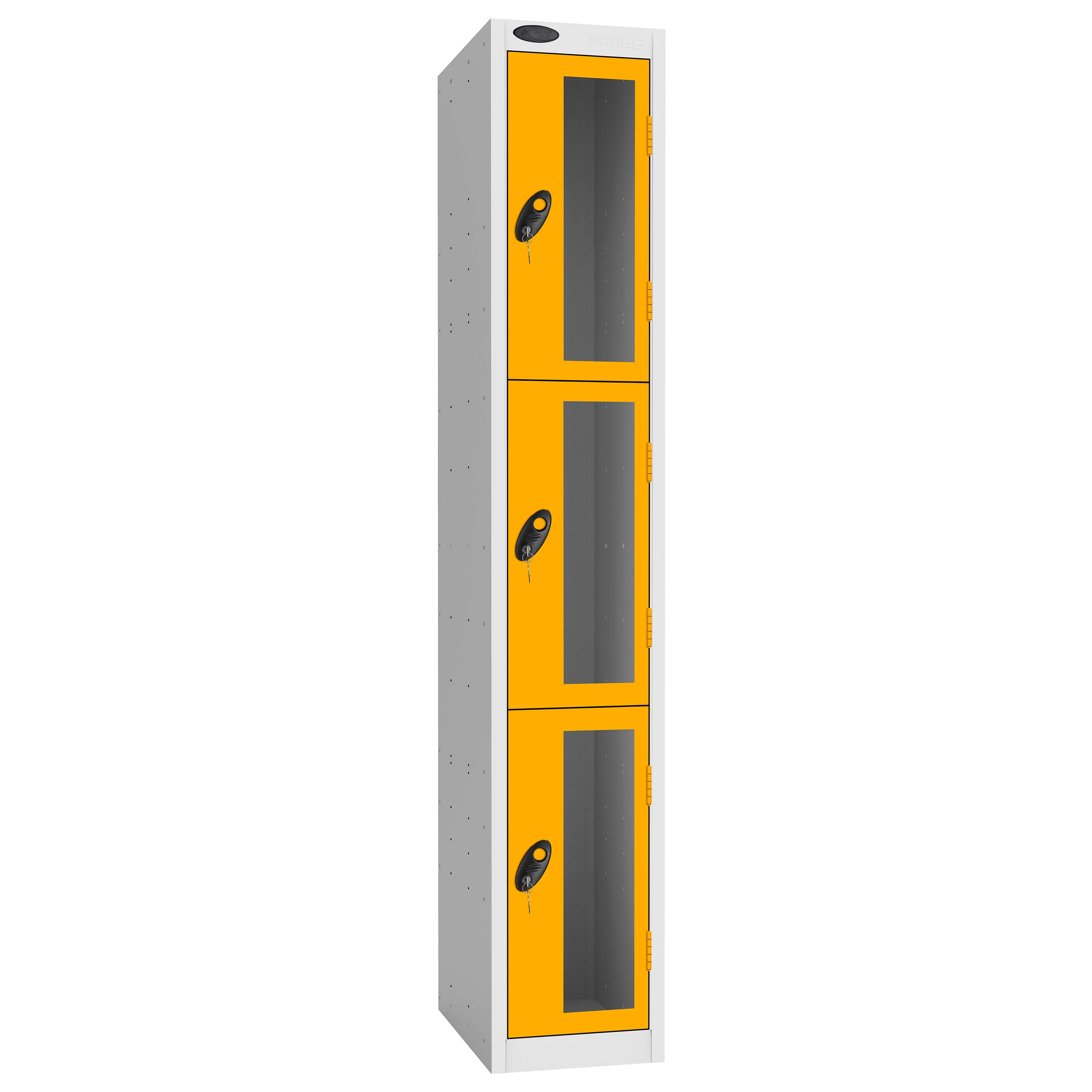 Probe Vision Panel Metric Locker — 3 Door, Flat Top, 300mm — White Carcass / Yellow Doors
