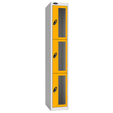 Probe Vision Panel Metric Locker — 3 Door, Flat Top, 300mm — White Carcass / Yellow Doors